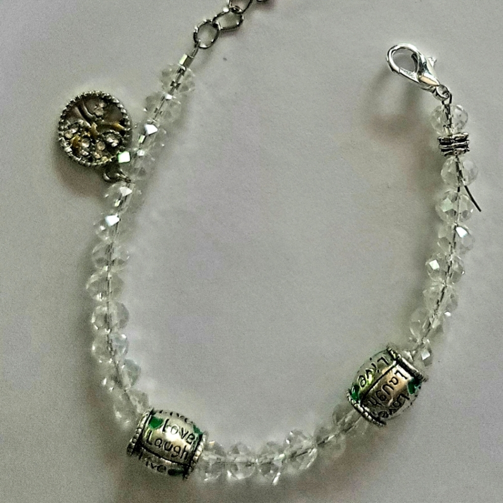 AWESOME RARE CRYSTAL CHARM BRACELET TREE OF LIFE LAUGH LIVE FAMILY CHARMS HOT IT